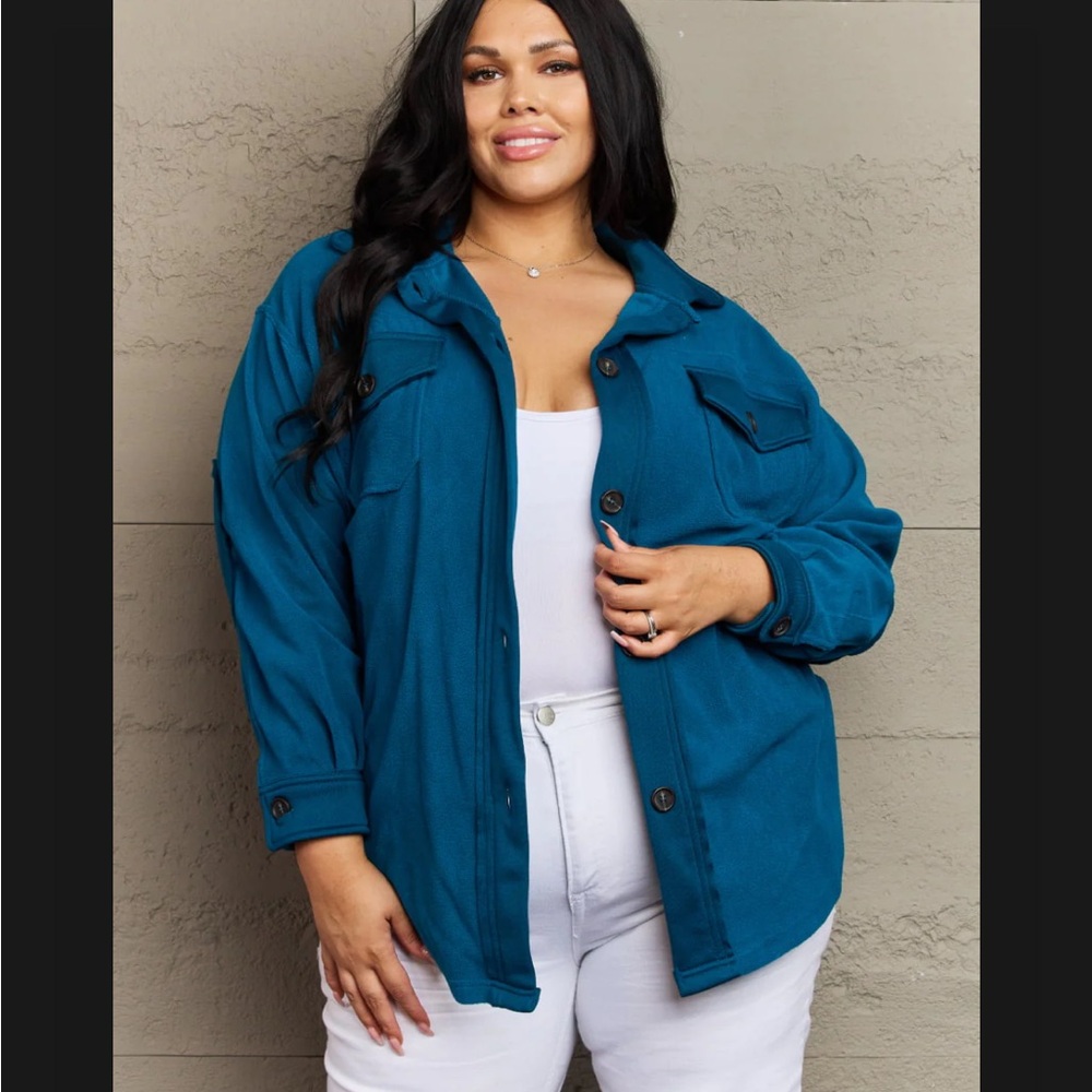 Zenana Teal Fleece Shacket Button Front Jacket NWT XL